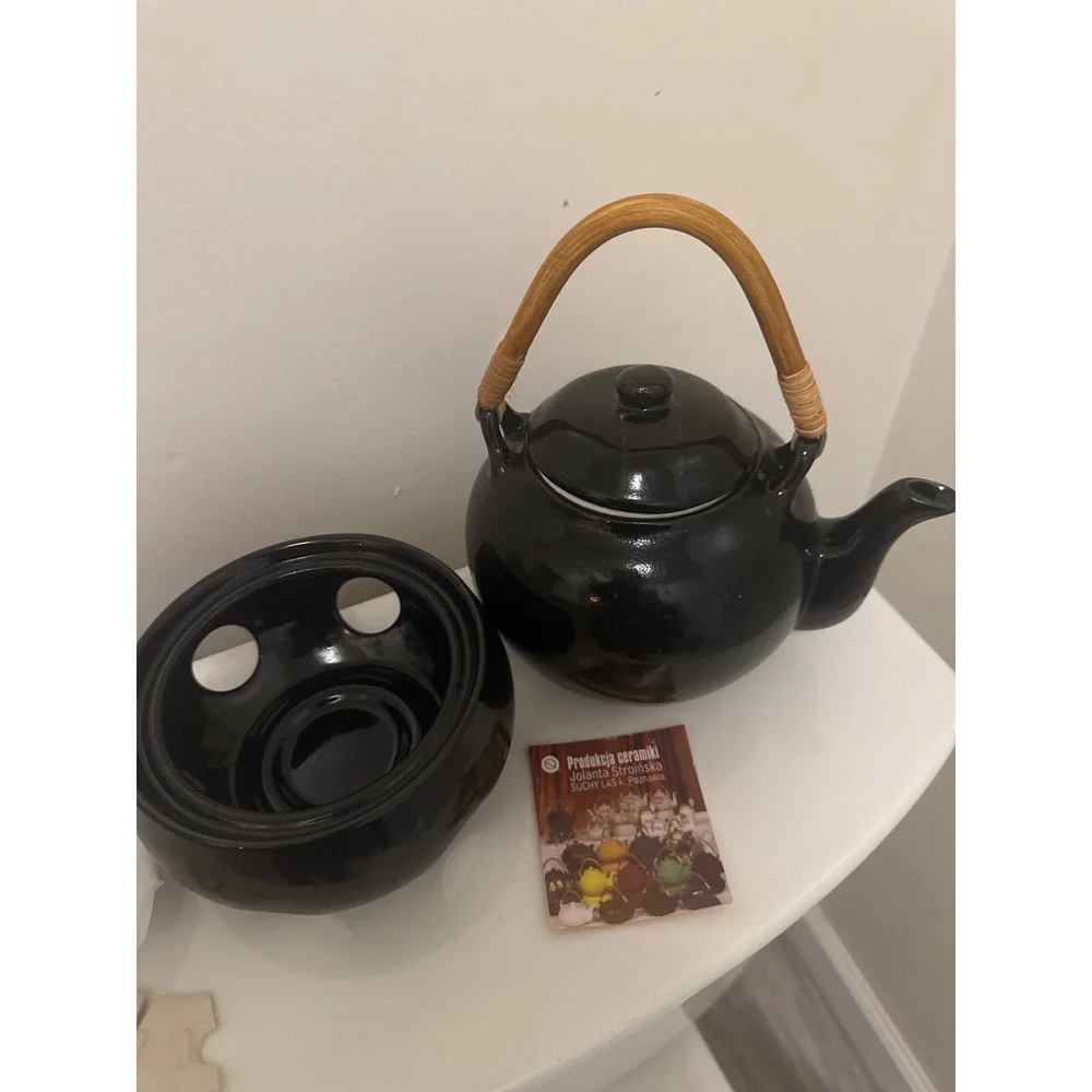 Jolanta‎ Stroinska Polish Ceramic Teapot with Warmer Black Bamboo Handle Poland